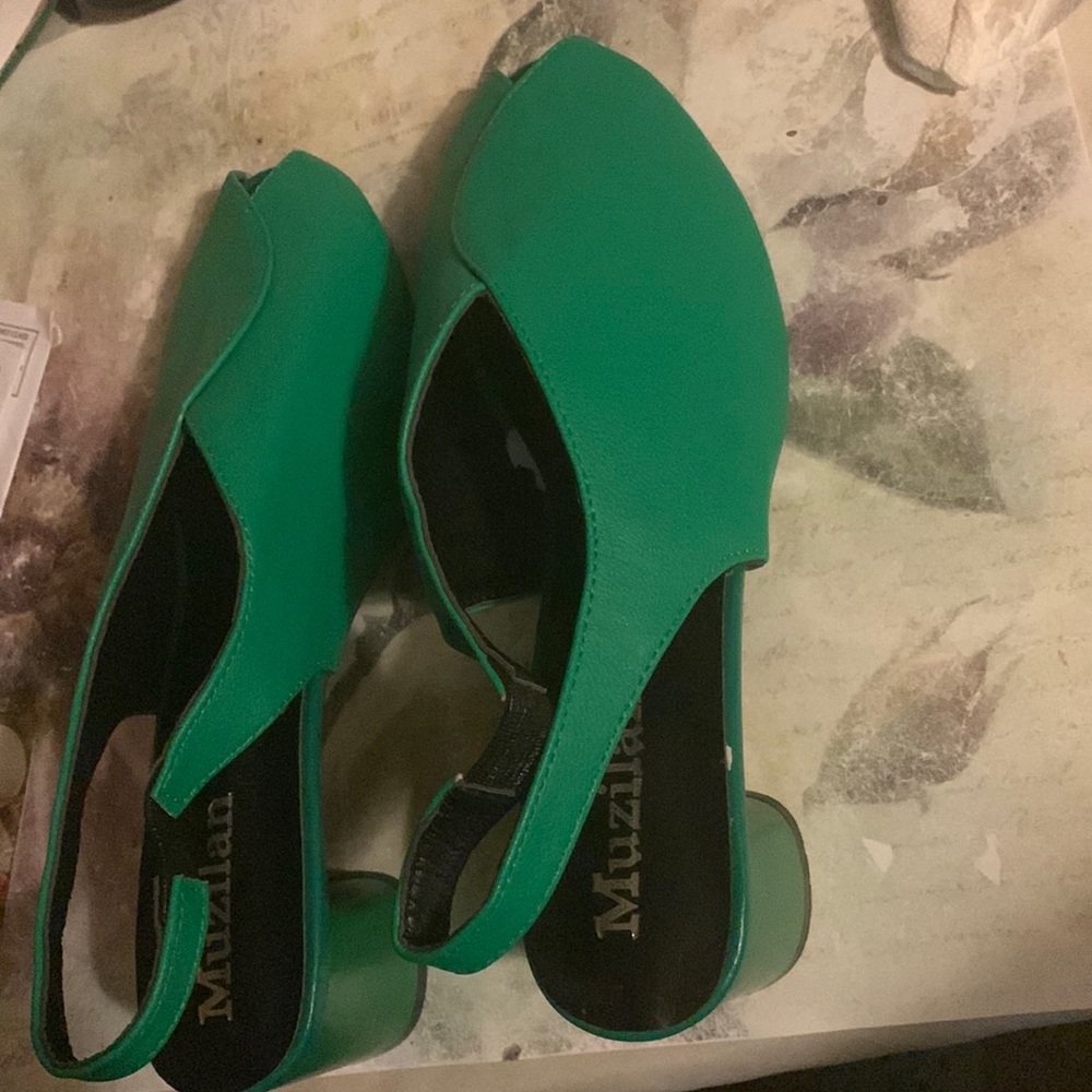 Green chunky heeled sandals
